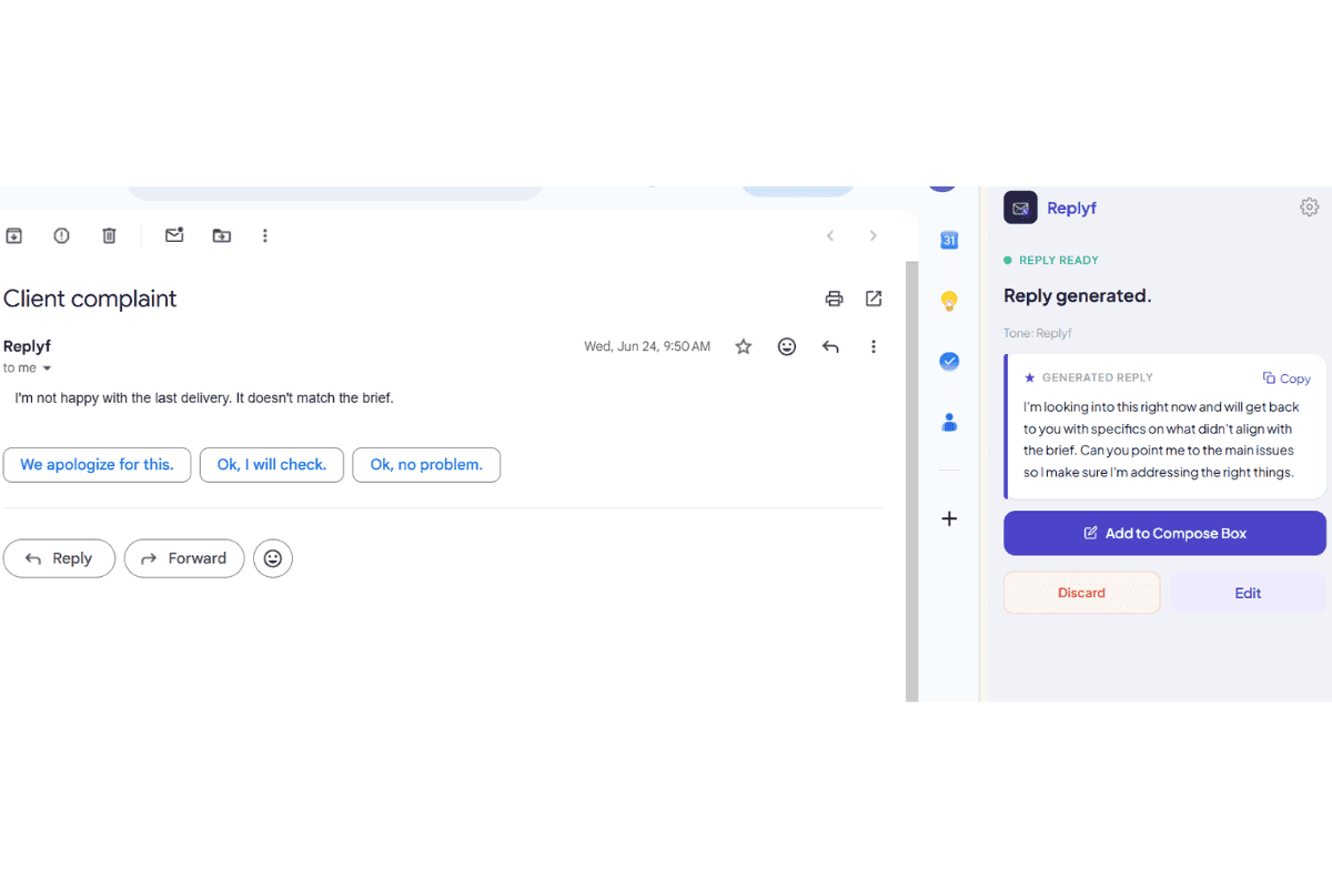 Replyf reply inside Gmail, written in the client's actual tone, ready to send