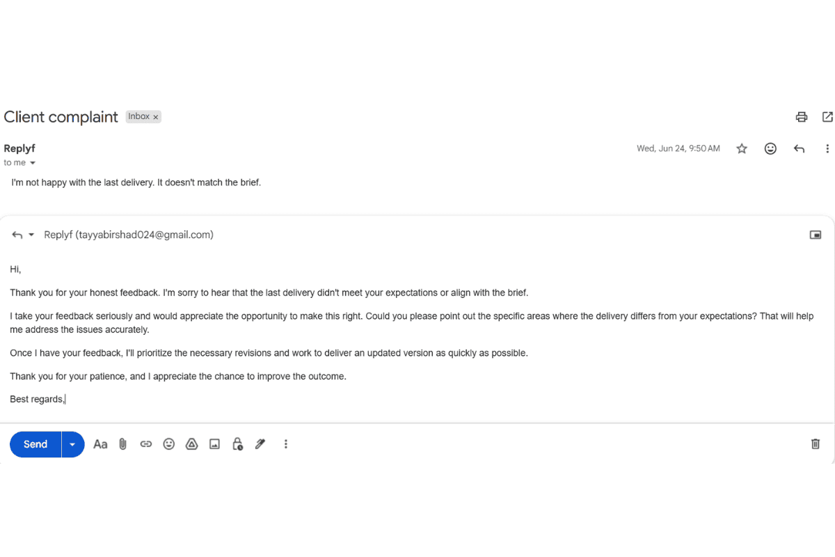 Generic AI email reply, flat tone that doesn't sound like the client