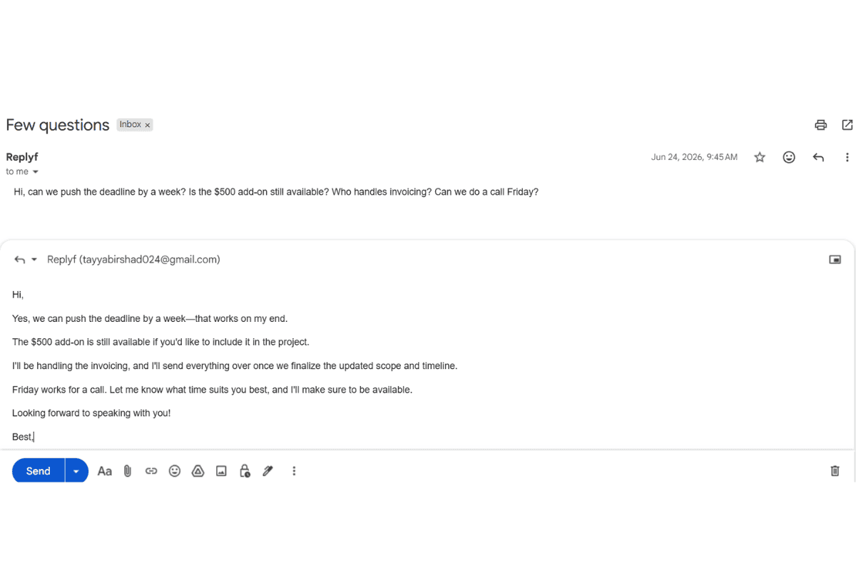 Replyf AI Client Tone Matcher draft inside Gmail written in the client's actual tone, ready to send